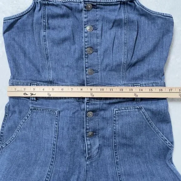 Aerie Denim Kick Flare Overalls Wide Leg Jumpsuit Womens Sz L Blue Button Front - Picture 12 of 16